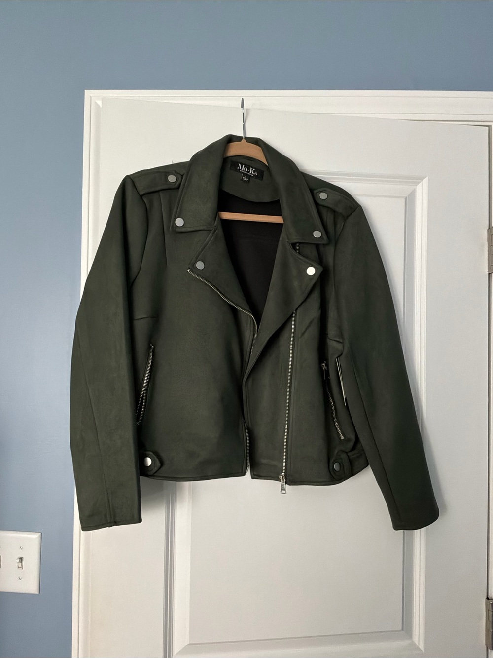 Womens Dark Green Faux Suede Moto Jacket